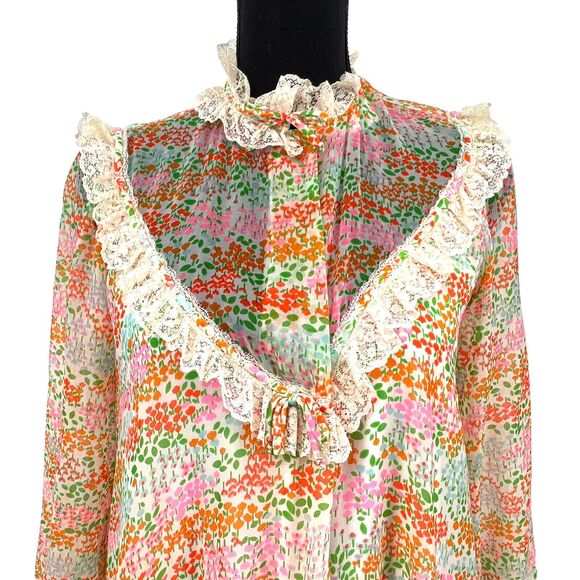 Vintage Saks Fifth Avenue 70's Tulip Print‎ Chiffon Lace Robe - Picture 8 of 11